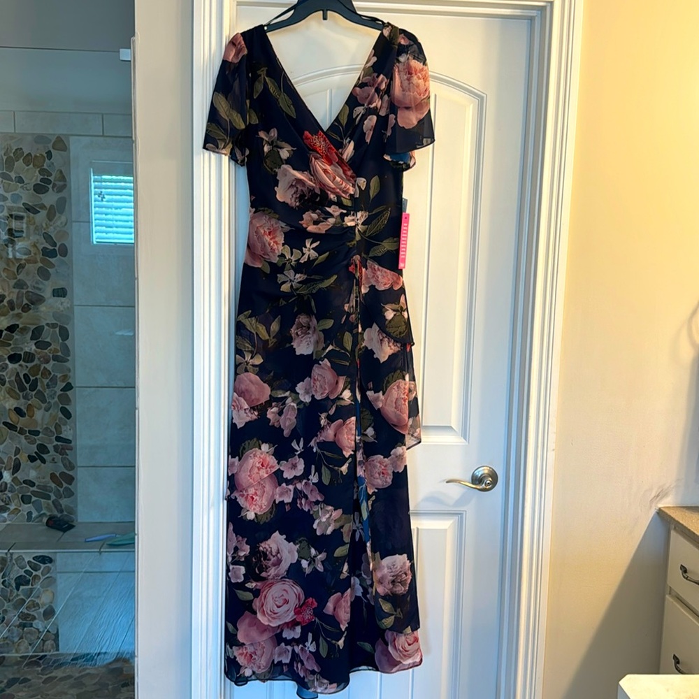 Xscape Navy Floral Gown, size 8, never worn with tags.